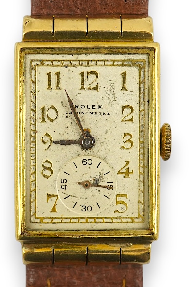 A gentleman's 1930's 18ct gold Rolex Chronometre manual wind wrist watch